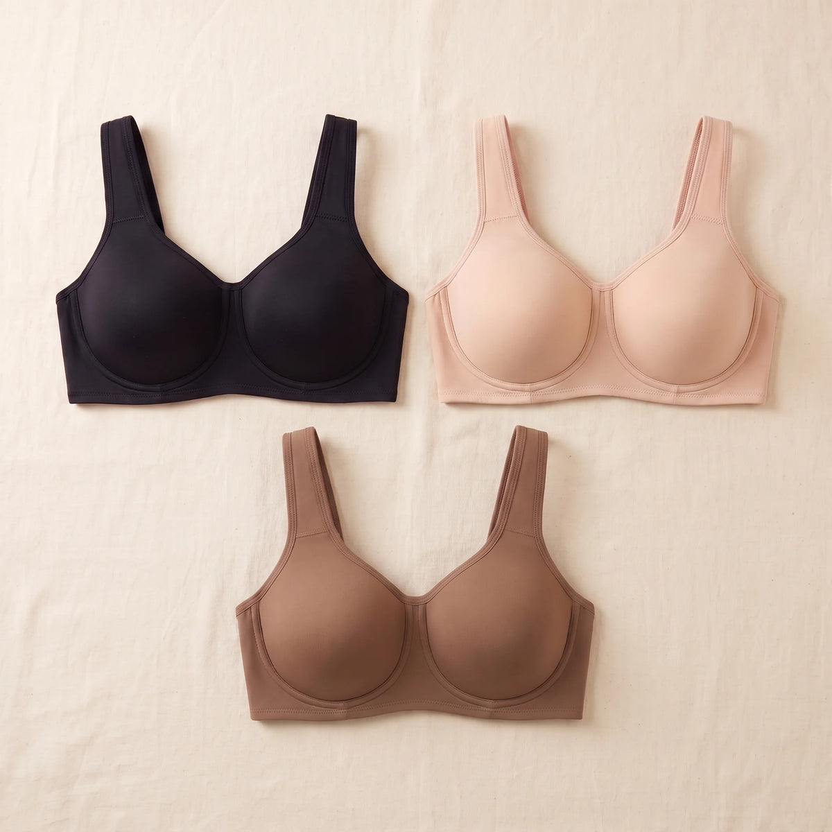 Kischt Léonie underwire sports bra 3-pack: The Essentials Trio in Noir black, Crème nude and Mocha brown