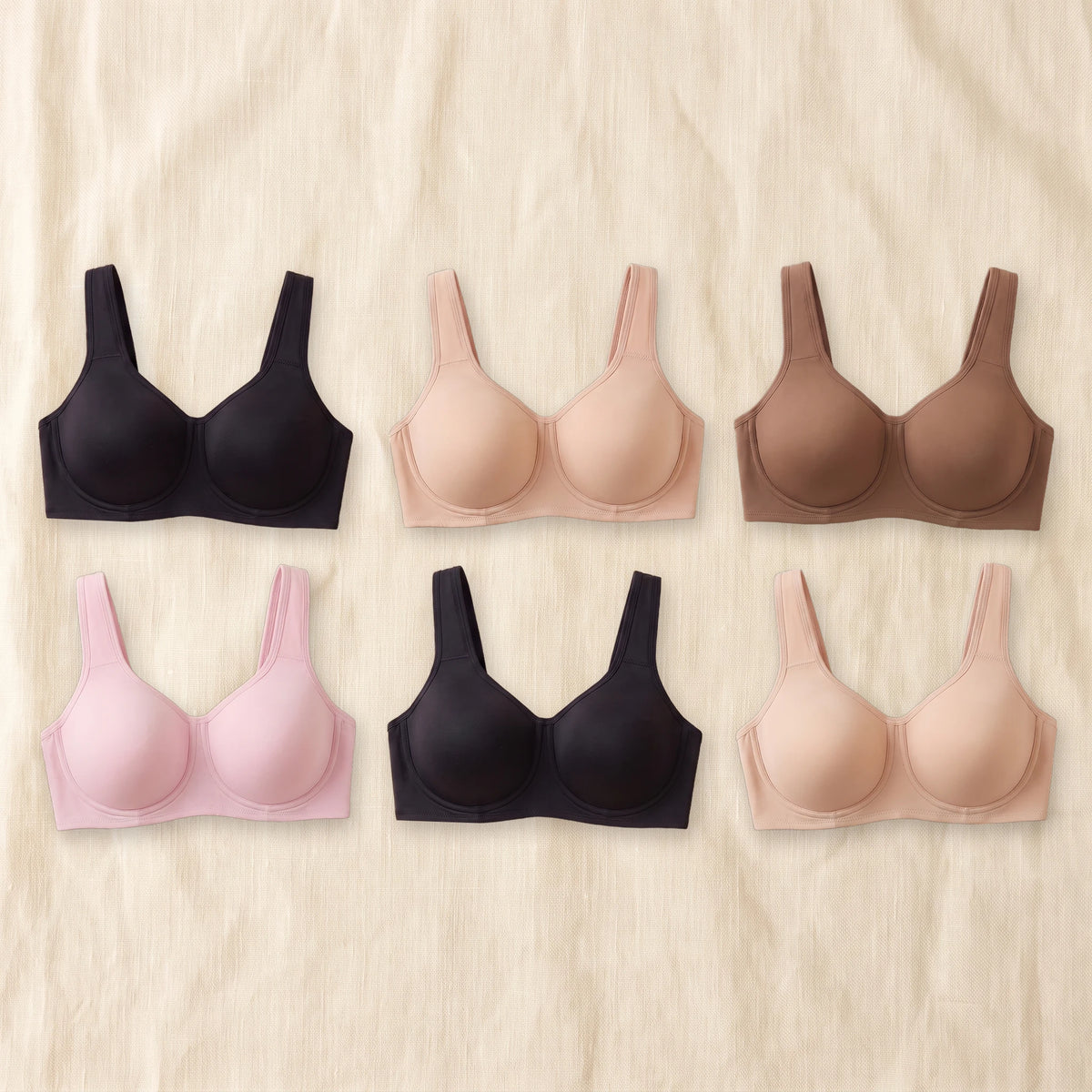 Kischt Léonie underwire sports bra 6-pack: The Full Rotation with two Noir, two Crème, one Blush and one Mocha