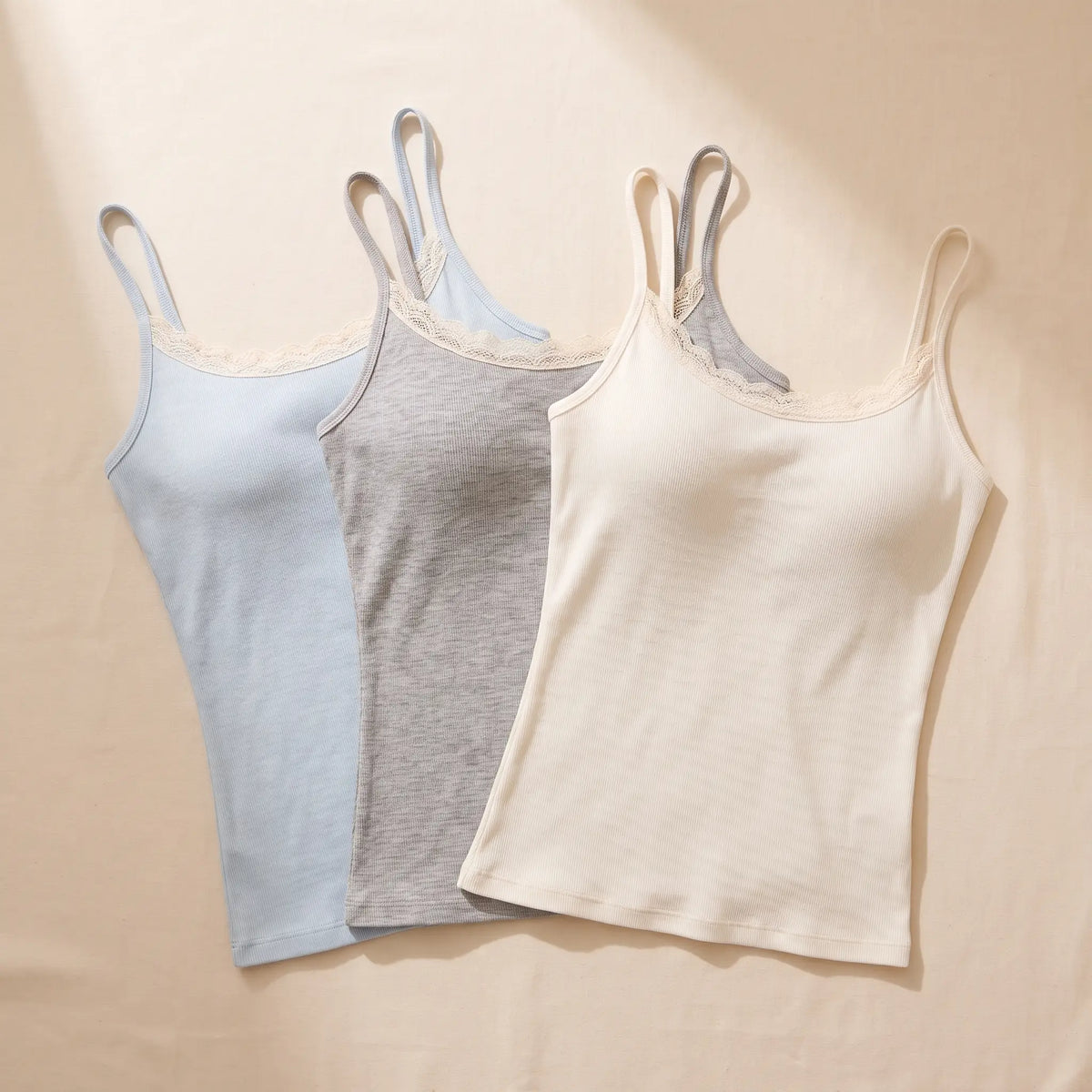 Kischt Lisette lace trim cami with built-in bra 3-pack: The Cool Trio in Ciel pale blue, Gris heather grey, Ivoire ivory