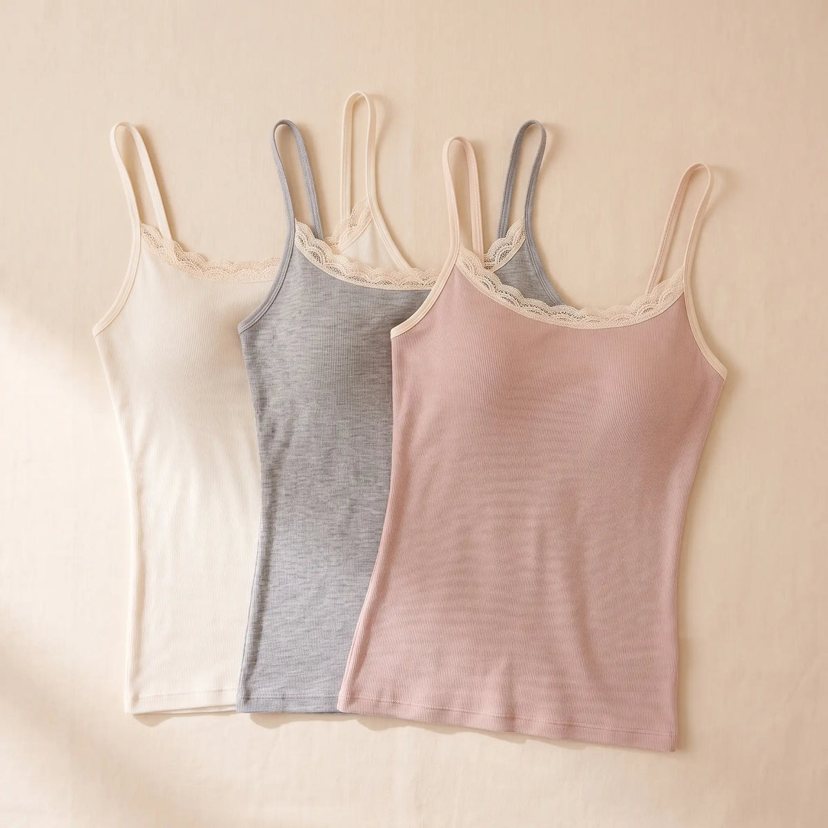 Kischt Lisette lace trim cami with built-in bra 3-pack: The Soft Trio in Ivoire ivory, Gris heather grey, Poudre blush pink