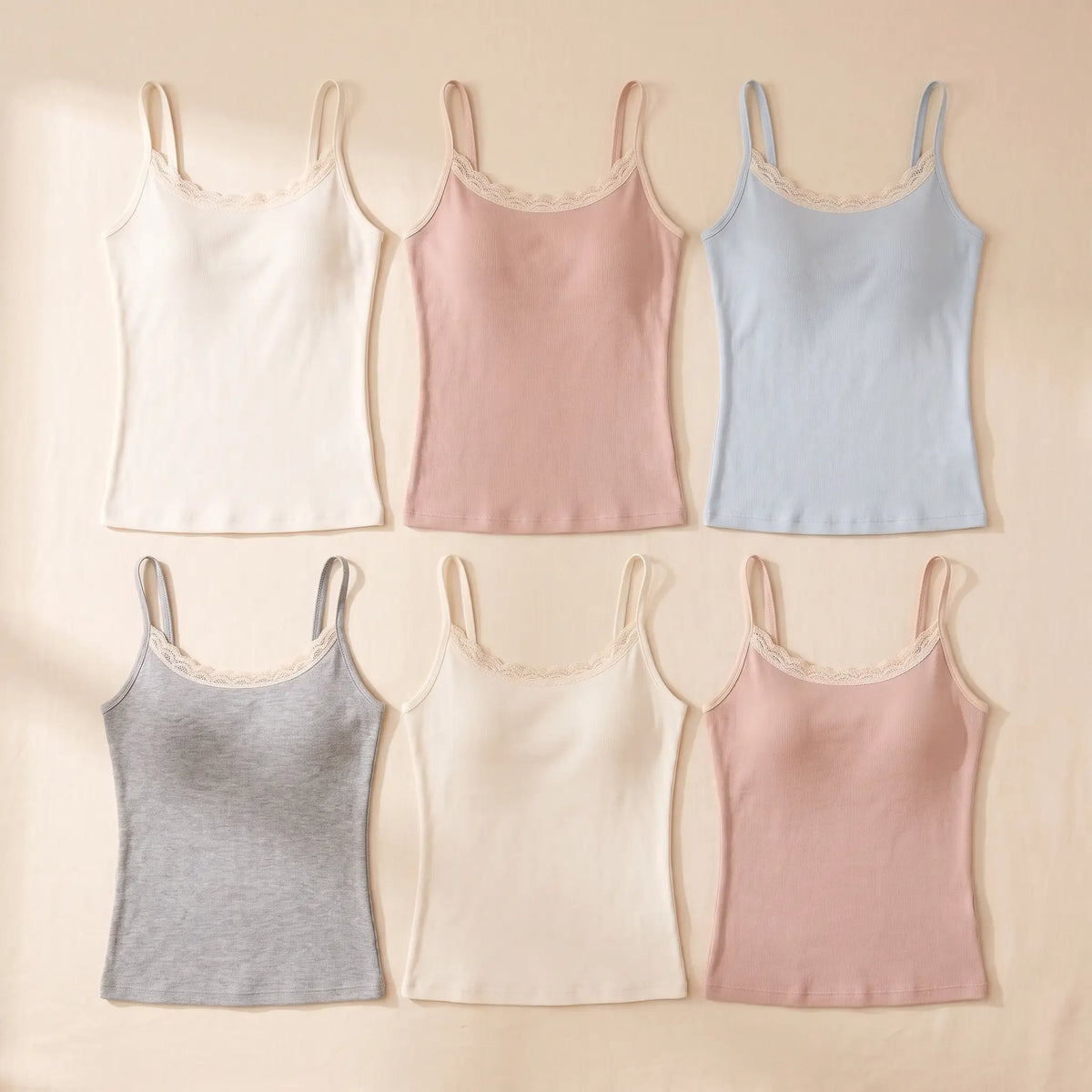 Kischt Lisette lace trim cami with built-in bra 6-pack: The Full Set in Ivoire ivory, Poudre blush pink, Ciel pale blue, Gris heather grey