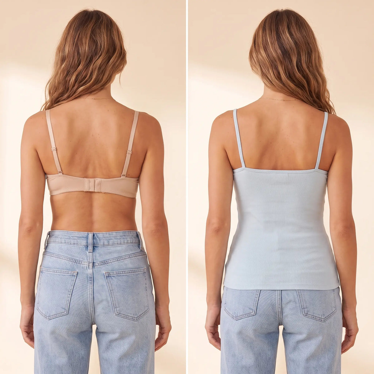 Back view comparison: a regular bra with a band and hooks next to the smooth back of the Ciel pale blue Kischt Lisette cami with no bra lines