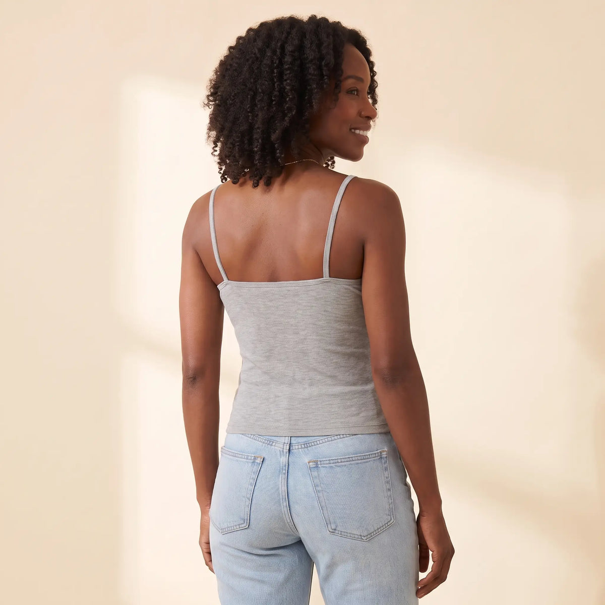 Back view of the Gris heather grey Kischt Lisette lace trim cami with thin straps and a smooth back with no bra lines