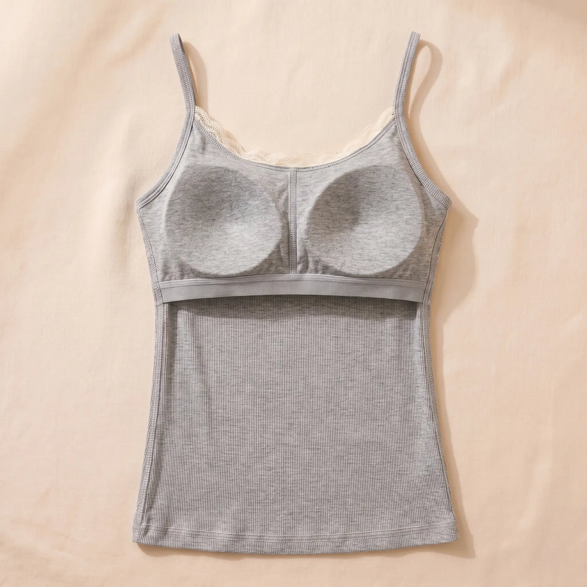Inside of the Gris heather grey Kischt Lisette cami: a built-in padded bra panel across the bust on an elastic band, no underwire