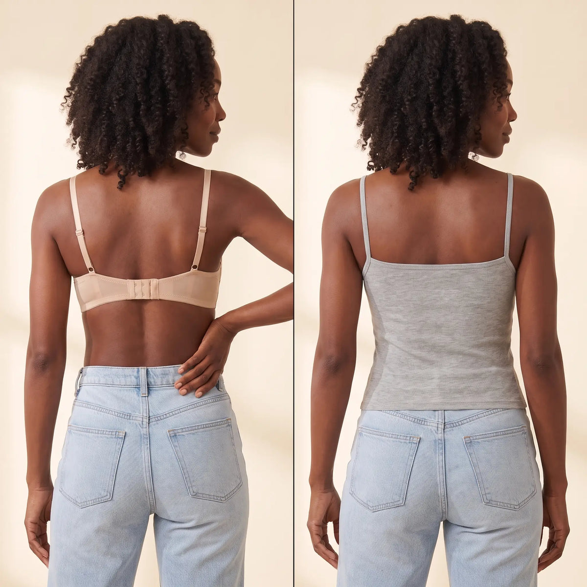 Back view comparison: a regular bra with a band and hooks next to the smooth back of the Gris heather grey Kischt Lisette cami with no bra lines