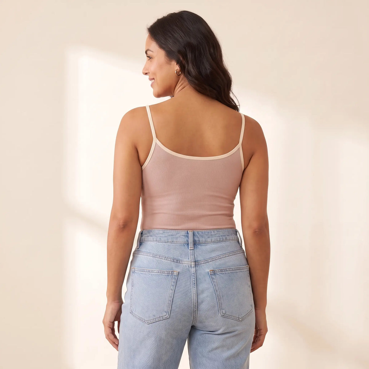Back view of the Poudre blush pink Kischt Lisette lace trim cami with thin straps and a smooth back with no bra lines