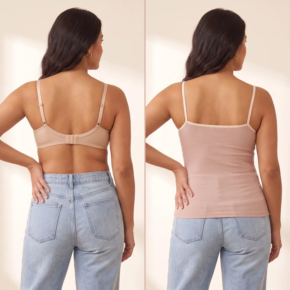 Back view comparison: a regular bra with a band and hooks next to the smooth back of the Poudre blush pink Kischt Lisette cami with no bra lines