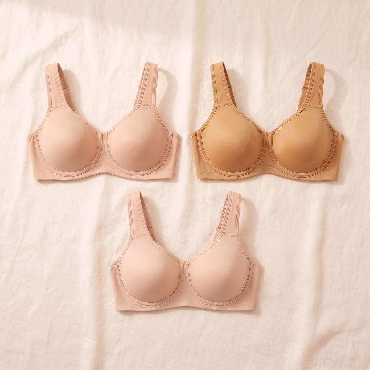 Kischt Margaux full coverage minimizer bra 3-pack: The Everyday Trio with two Crème nude and one Almond tan