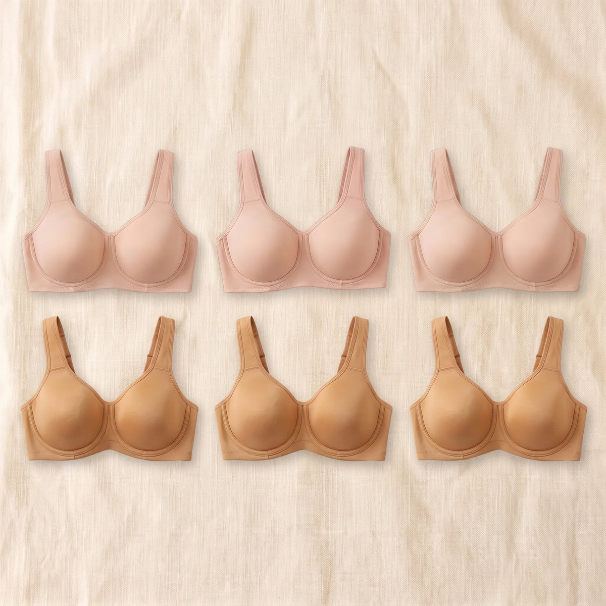 Kischt Margaux full coverage minimizer bra 6-pack: The Full Rotation with three Crème nude and three Almond tan