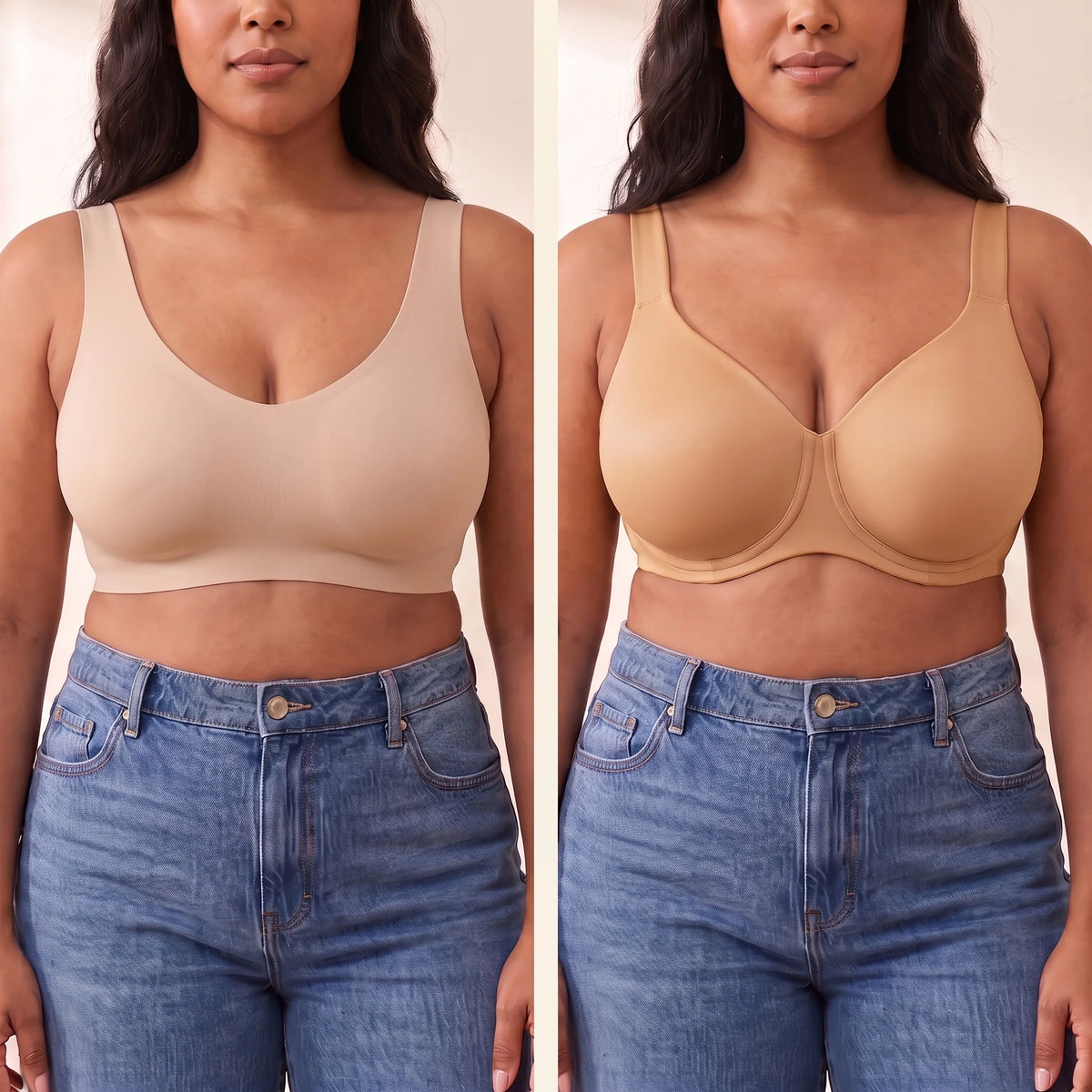 Side-by-side comparison: a wireless bralette with no lift next to the Almond tan Kischt Margaux full coverage unlined underwire bra