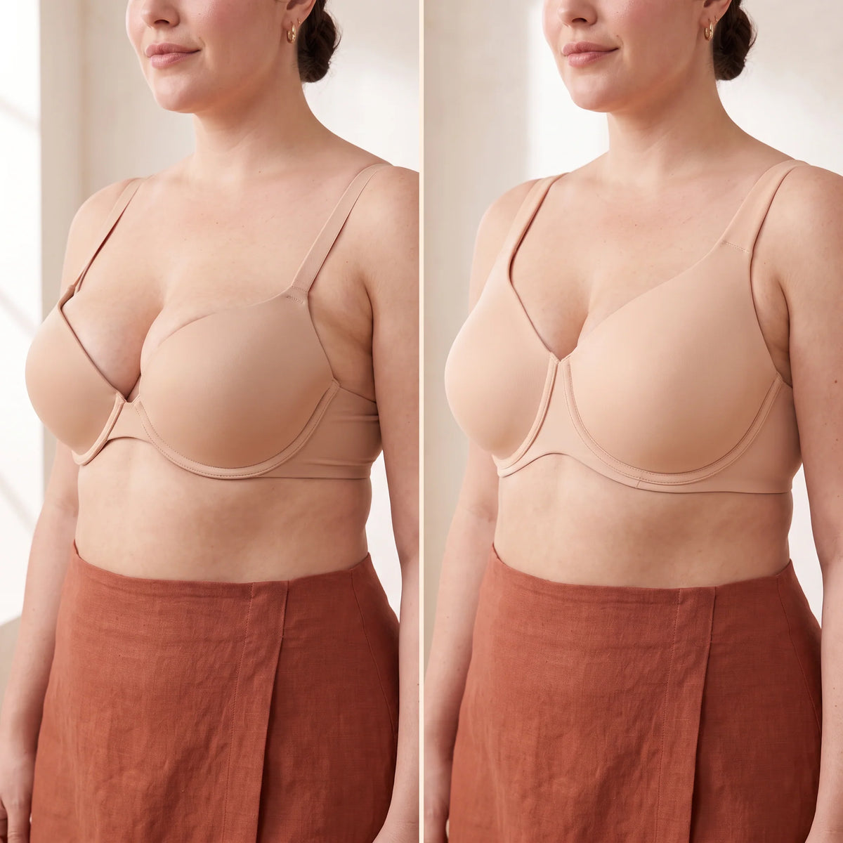 Side-by-side comparison: a moulded foam T-shirt bra gaping at the cup next to the Crème nude Kischt Margaux full coverage unlined minimizer bra