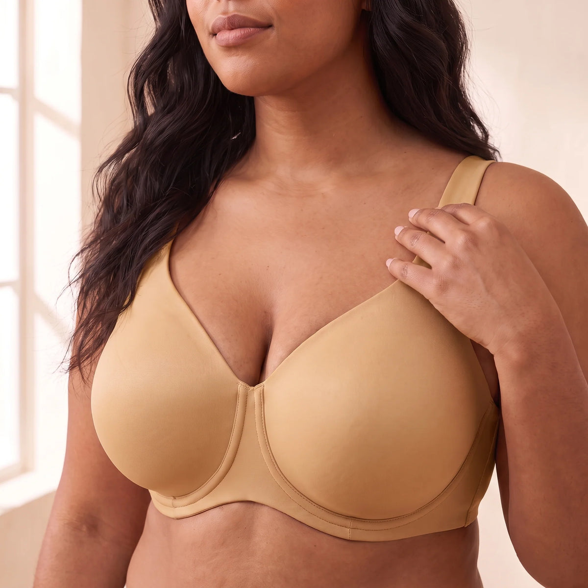 Close-up of the Almond golden tan Kischt Margaux minimizer bra: full coverage unlined cups, a high centre gore and wide straps