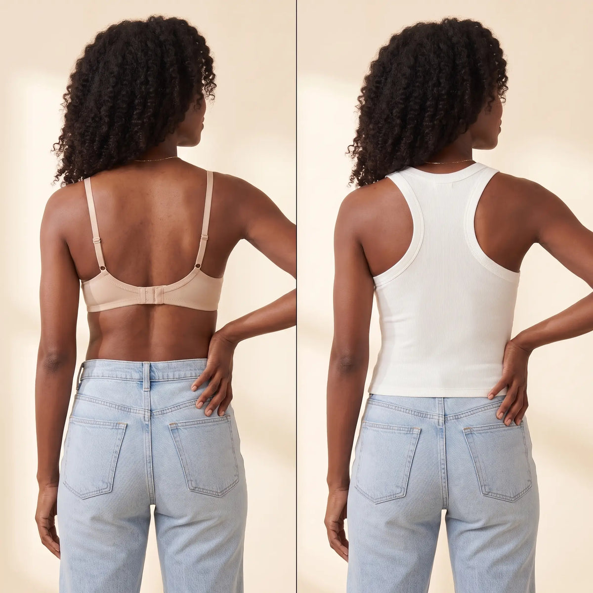 Back view comparison: a regular bra with a band and hooks next to the smooth racerback of the Blanc white Kischt Noemi tank top with no bra lines