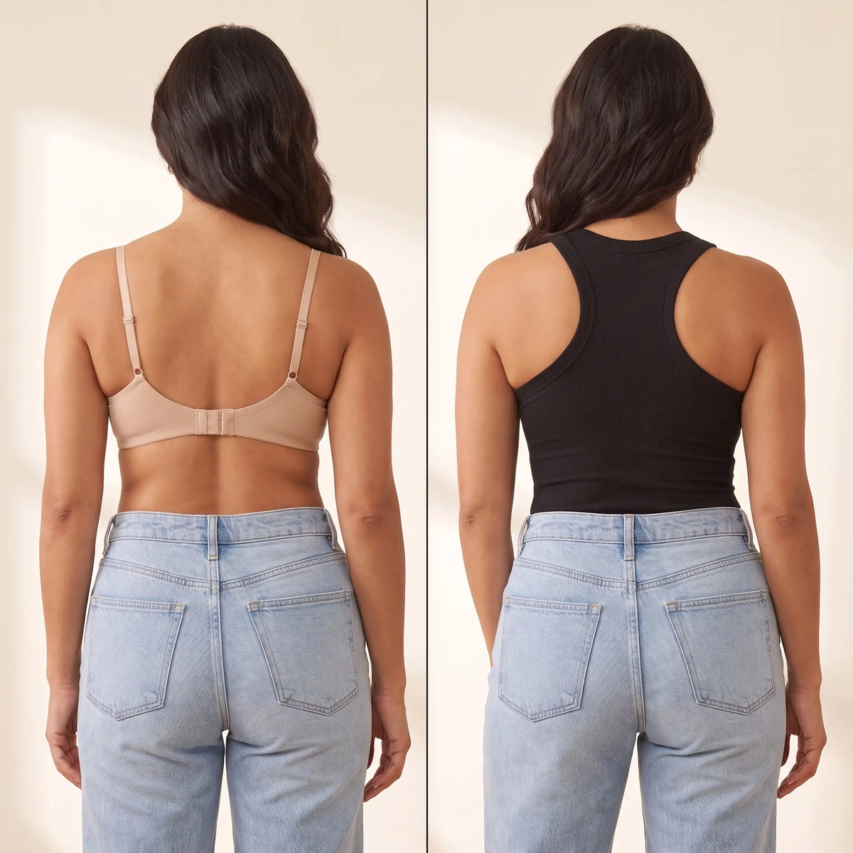 Back view comparison: a regular bra with a band and hooks next to the smooth racerback of the Noir black Kischt Noemi tank top with no bra lines