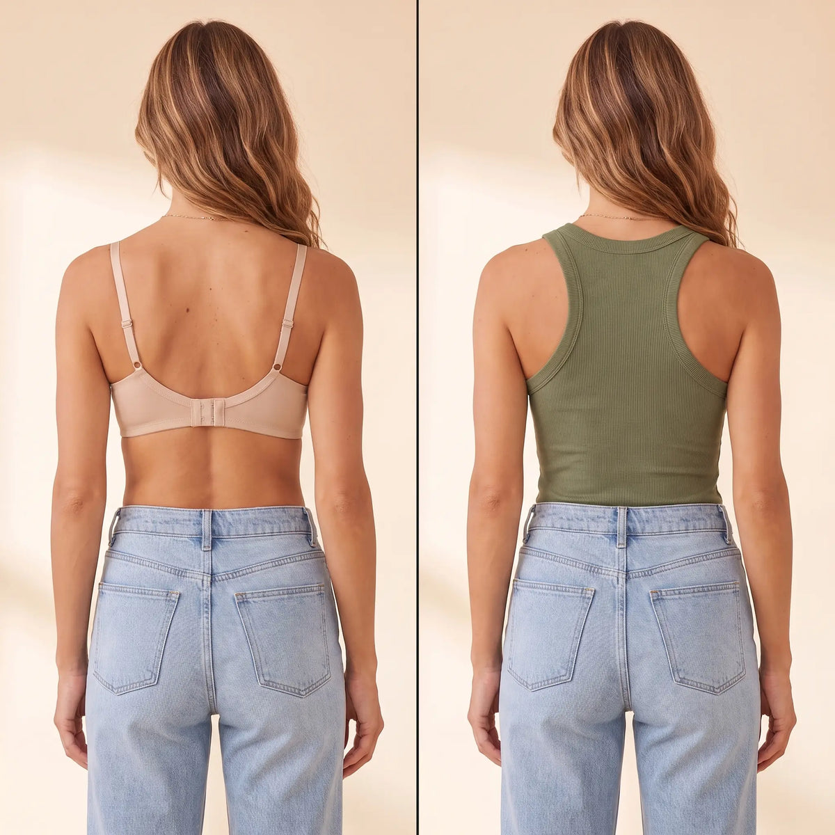Back view comparison: a regular bra with a band and hooks next to the smooth racerback of the Olive army green Kischt Noemi tank top with no bra lines