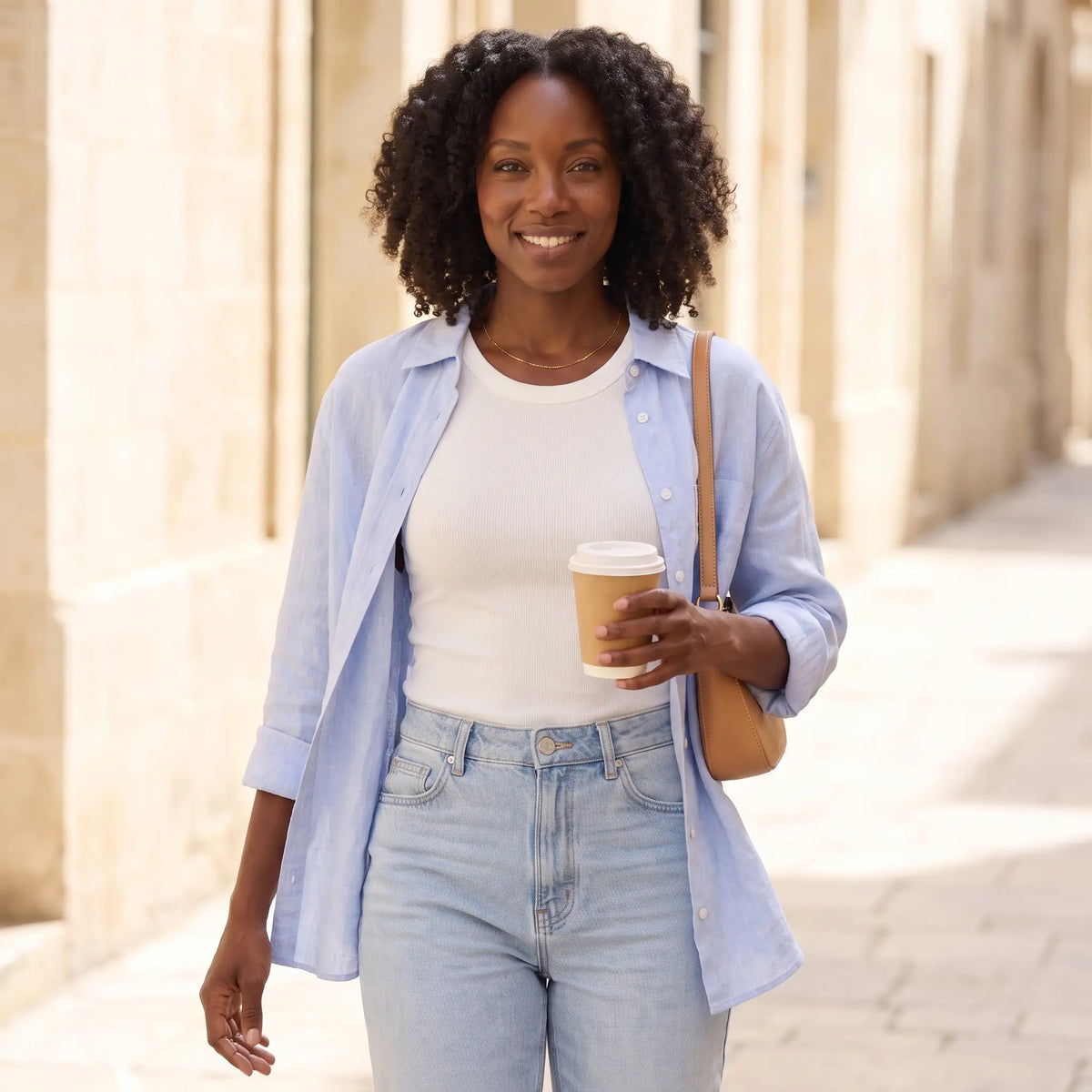 Woman on a coffee run in the Blanc white Kischt Solene ribbed tank top with built-in bra, light jeans and an open linen shirt