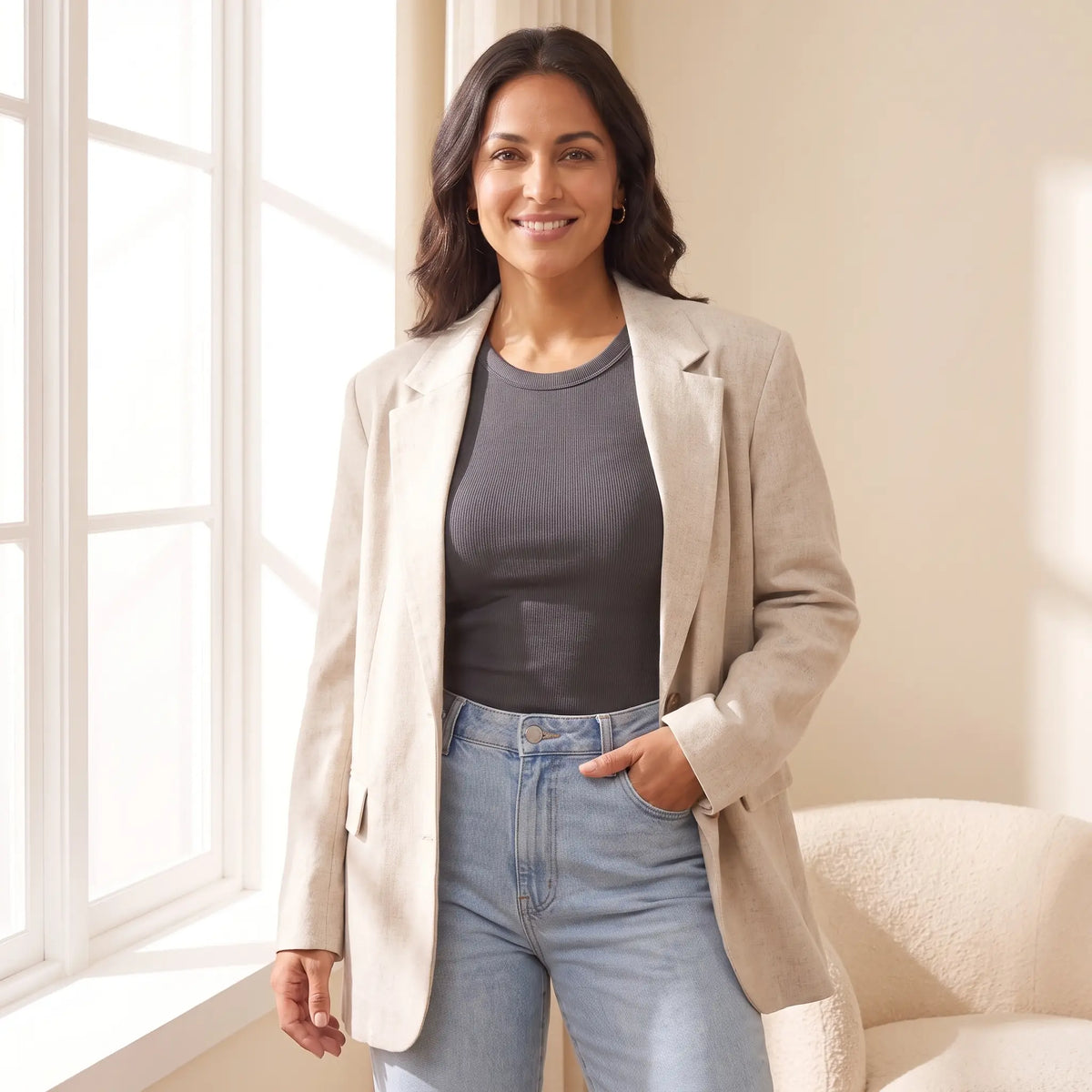 Woman wearing the Graphite dark grey Kischt Solene ribbed tank top under an oatmeal blazer with jeans