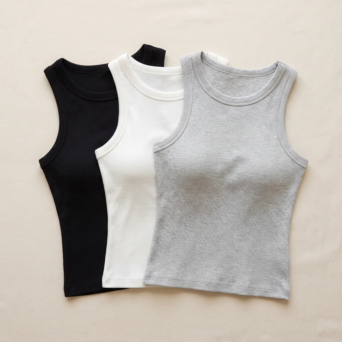 Kischt Solene ribbed built-in bra tank top 3-pack: The Classic Trio in Noir black, Blanc white, Brume light grey