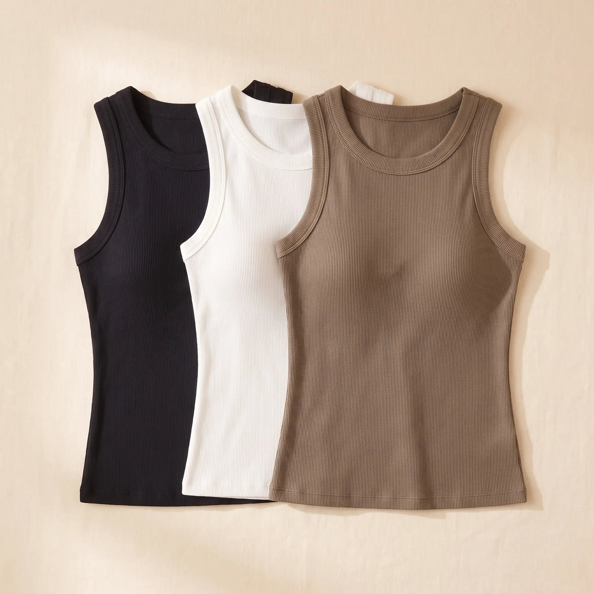 Kischt Solene ribbed built-in bra tank top 3-pack: The Neutral Trio in Noir black, Blanc white, Sable khaki
