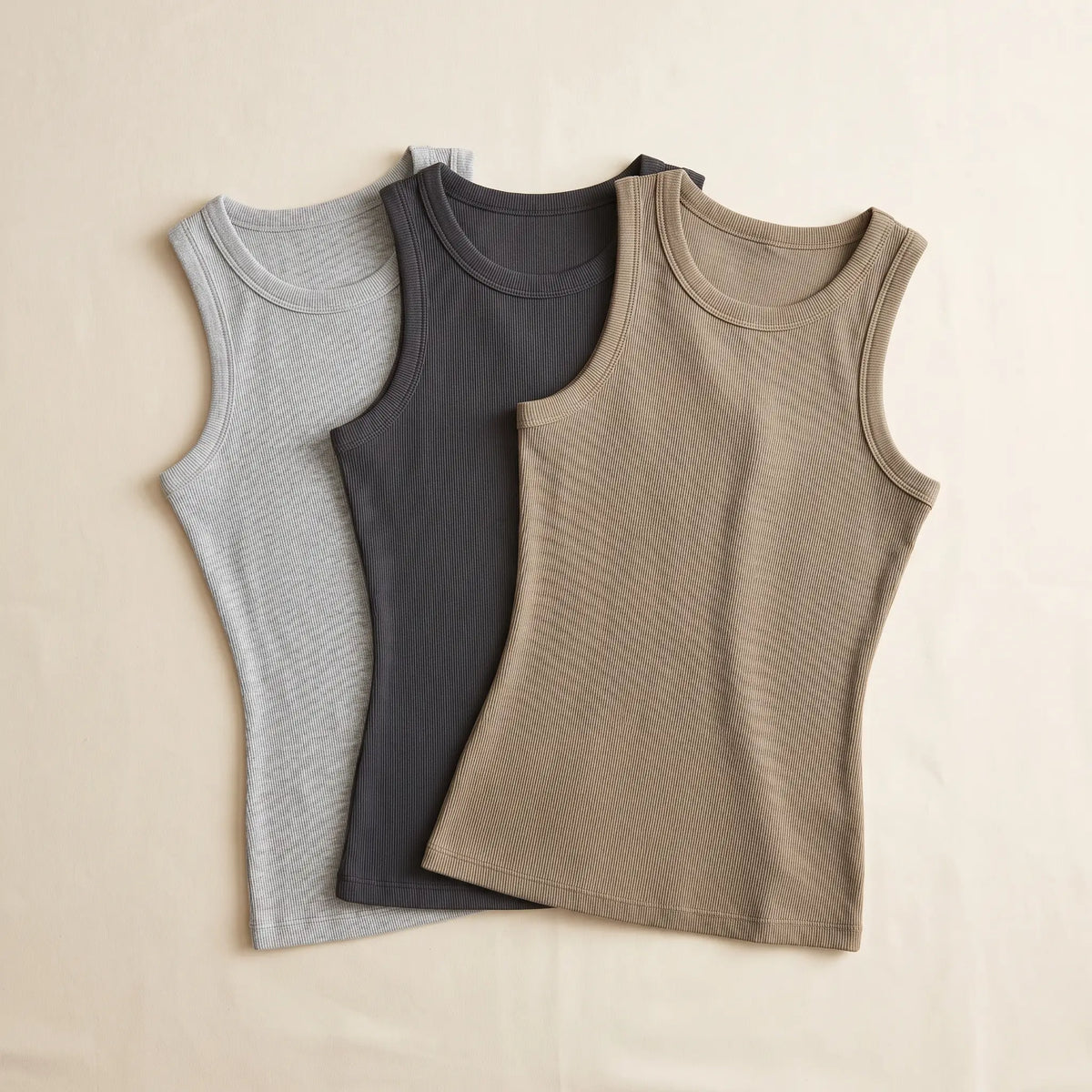 Kischt Solene ribbed built-in bra tank top 3-pack: The Tonal Trio in Brume light grey, Graphite dark grey, Sable khaki