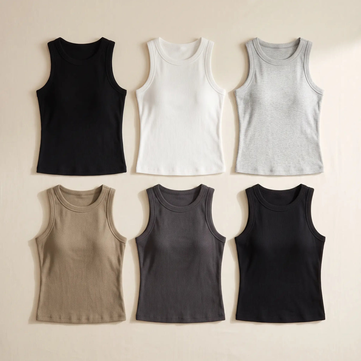 Kischt Solene ribbed built-in bra tank top 6-pack: The Full Wardrobe in Noir black, Blanc white, Brume light grey, Sable khaki, Graphite dark grey