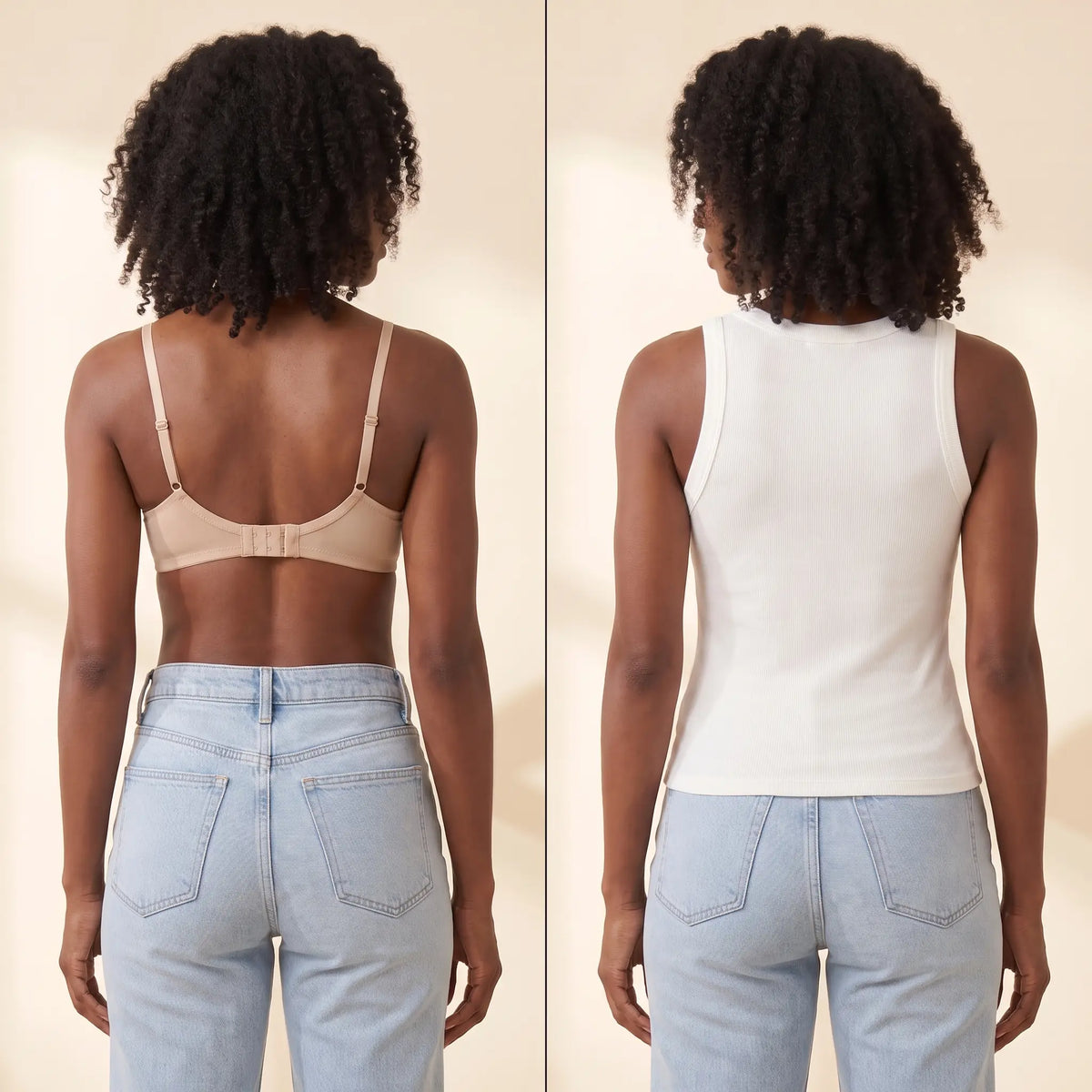 Back view comparison: a regular bra with a band and hooks next to the smooth back of the Blanc white Kischt Solene ribbed tank top with no bra lines