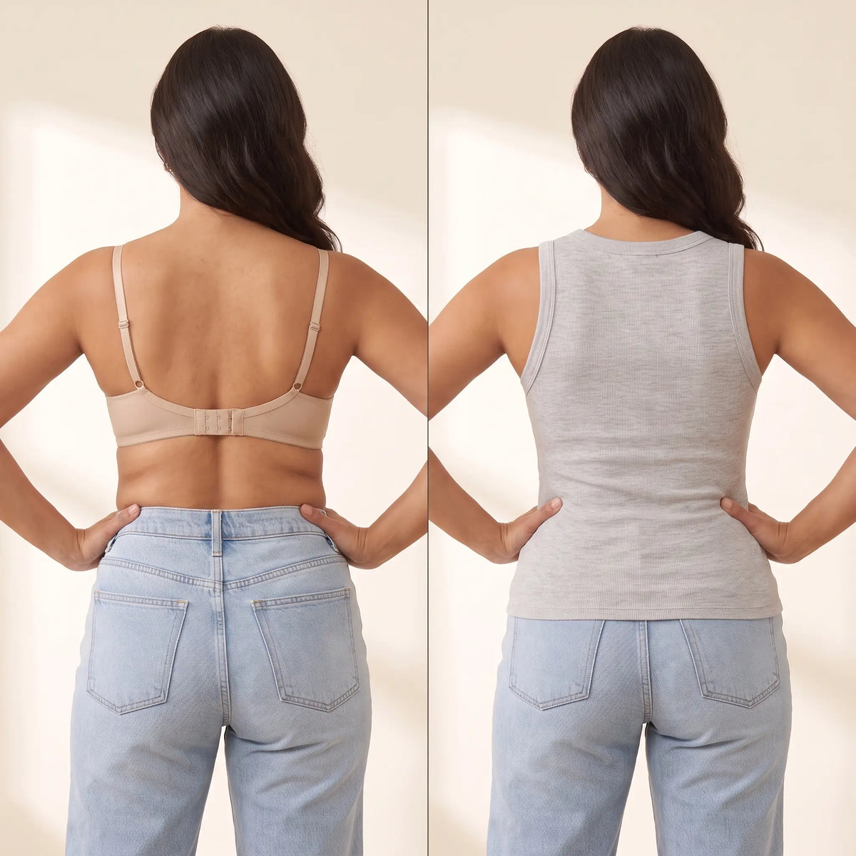 Back view comparison: a regular bra with a band and hooks next to the smooth back of the Brume light grey Kischt Solene ribbed tank top with no bra lines