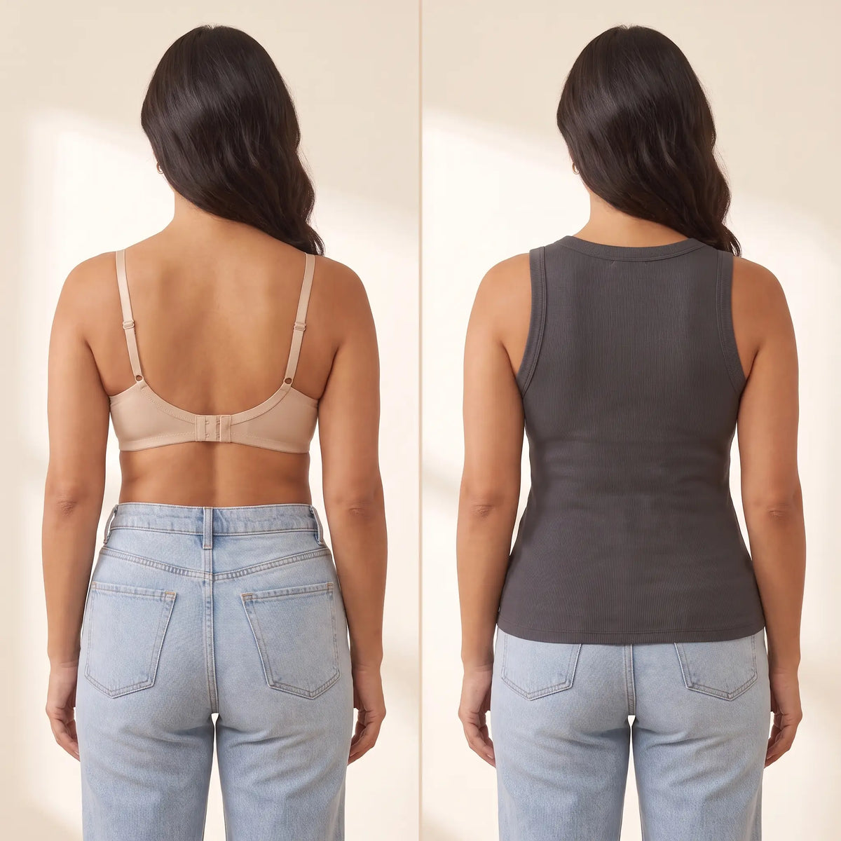 Back view comparison: a regular bra with a band and hooks next to the smooth back of the Graphite dark grey Kischt Solene ribbed tank top with no bra lines