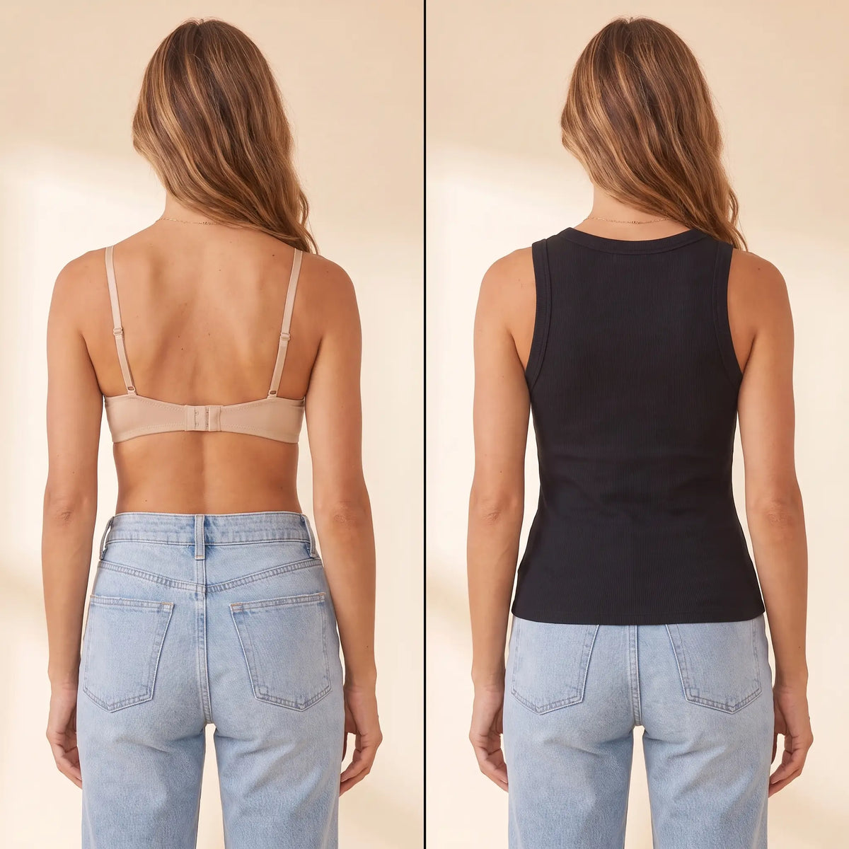 Back view comparison: a regular bra with a band and hooks next to the smooth back of the Noir black Kischt Solene ribbed tank top with no bra lines