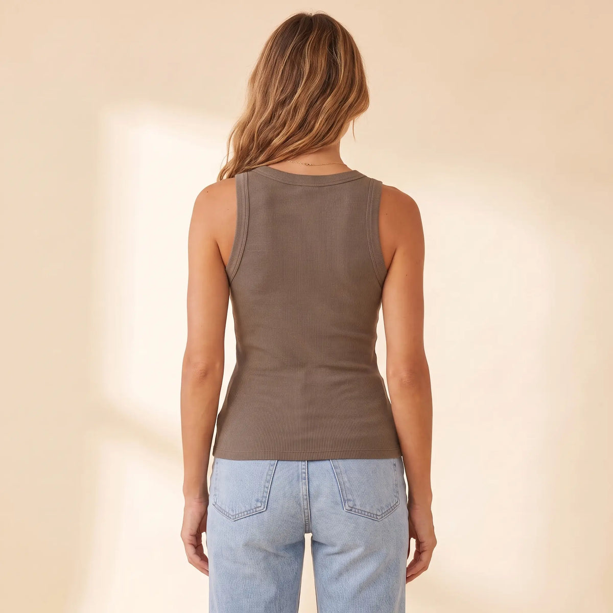 Back view of the Sable khaki Kischt Solene ribbed crew neck tank top with a smooth back and no bra lines