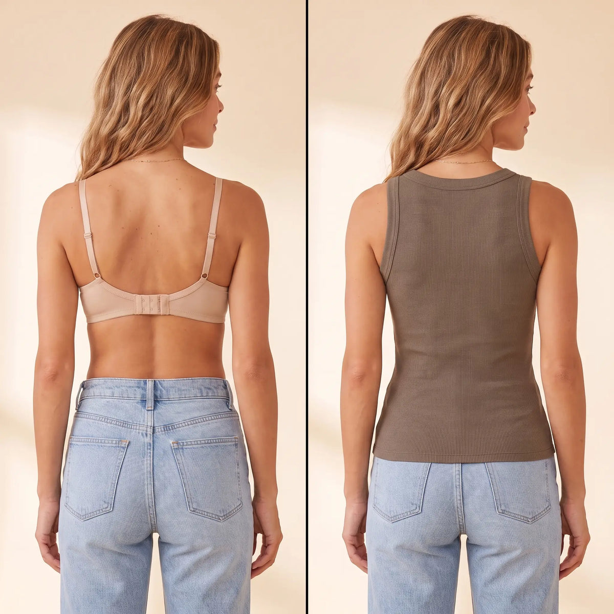 Back view comparison: a regular bra with a band and hooks next to the smooth back of the Sable khaki Kischt Solene ribbed tank top with no bra lines